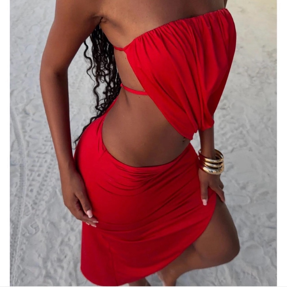White Fox Boutique Red Strapless Cutout Midi Dress